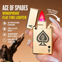 Briquet coupe-vent Ace of Spades à flamme plate, corps en alliage de zinc, gaufrage 3D, portable, rechargeable au gaz, cadeau pour homme