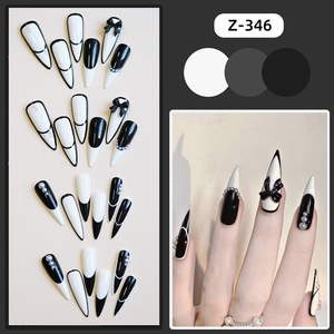 Ongles à presser en acrylique de qualité salon, réutilisables, noirs et blancs bicolores avec nœud 3D et perle pour soirées événementielles, vente en gros - Product Image 2