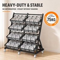 Mobiele producten displayrek 4-laags zwart metalen standaard met wielen schuine manden fruit groente opslag voor supermarkt