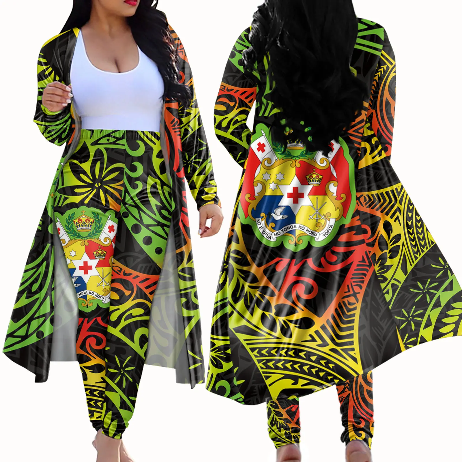 Completo estivo da donna in due pezzi tribale polinesiano stampa personalizzata Set di abbigliamento in 2 pezzi Set di Trench e pantaloni a manica lunga