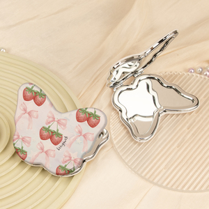 Miroir compact en cuir PU en forme de papillon, imprimé fruits, avec nœud papillon, cadre en métal chromé, double face, verre HD, miroir pliable - Product Image 1