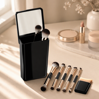 Set Kuas Makeup Portable Dua Sisi dengan Cermin dan Kotak Magnetik 5 Buah Kuas Kosmetik