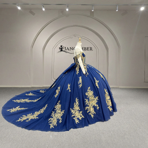 Xy003 Robe de bal de Quinceañera bleue brillante vintage longue avec appliques dorées, dentelle, perles et traîne chapelle, style princesse - Product Image 2