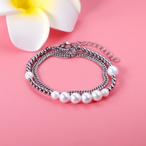 Bracelets en acier inoxydable à double chaîne avec perles naturelles plaquées or pour femme - Product Image 2