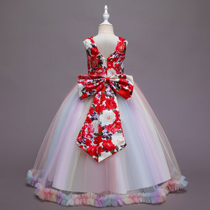 Vestido largo de tul floral rojo para niñas, estilo princesa, disfraz para actuaciones en escenario. - Product Image 4