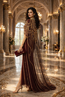 Robe de soirée vintage de luxe, col haut, ornée de perles et de cristaux, style droit, manches courtes, longueur maxi, robe de soirée longue