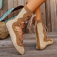 Bottes plates décontractées pour femmes, style gladiateur romain, à bout rond, talon bas, à lacets, avec manchette tricotée à la cheville, chaussures d'été pour la plage