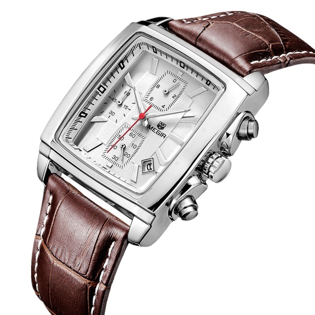 Megir 2028 Famous Brands Men Quartz Watches Fashion Casual Leather Strap Chronograph Square Waterproof Design Watches for Man
