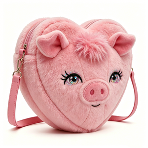 Customized <b>Pink</b> Plush Pig Heart Crossbody Bag,Fuzzy <b>Purse</b> with Embroidered Pig Face, Adjustable Strap and Heart Shape - Product Image 5