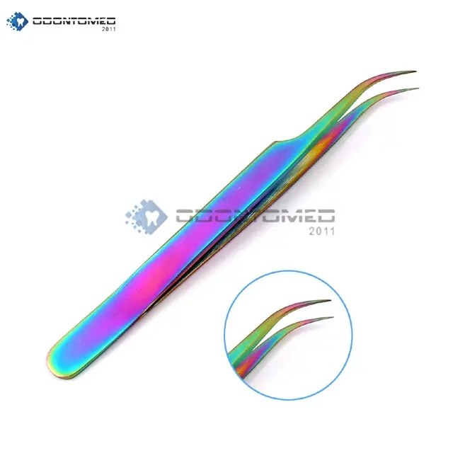 Jeweler Style Tweezers Stainless Steel #7 Multi Titanium Rainbow Color Fine Point Tweezer Eyelash Applicator Tool curved eyelash