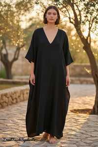 Vestido Kaftán de Lino Negro para Mujer, Maxi, Cuello en V, Ecológico, Corte en A, Transpirable, Estilo Boho, para Uso Diario, Holgado, con Cinturón, para Vacaciones - Product Image 5
