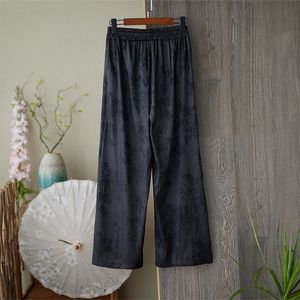 White And Black Embroidered Wide Leg Pants <b>Elastic</b> Waist Women's Casual Loose Cotton Linen Straight Leg Breathable Summer Pants - Product Image 3