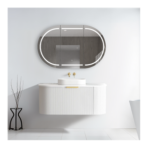 Mobile da <span class=keywords><strong>Bagno</strong></span> Moderno Sospeso Bianco con Ante Canettate Curve Mobiletto Pensile da Parete - Product Image 1
