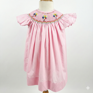 Vestido Clásico Estilo Vintage Color Rosa Pastel con Bordado a Mano para Niñas Pequeñas, Vestidos Tipo Bishop con Mangas con Volantes, Perfecto para Pascua - Product Image 3