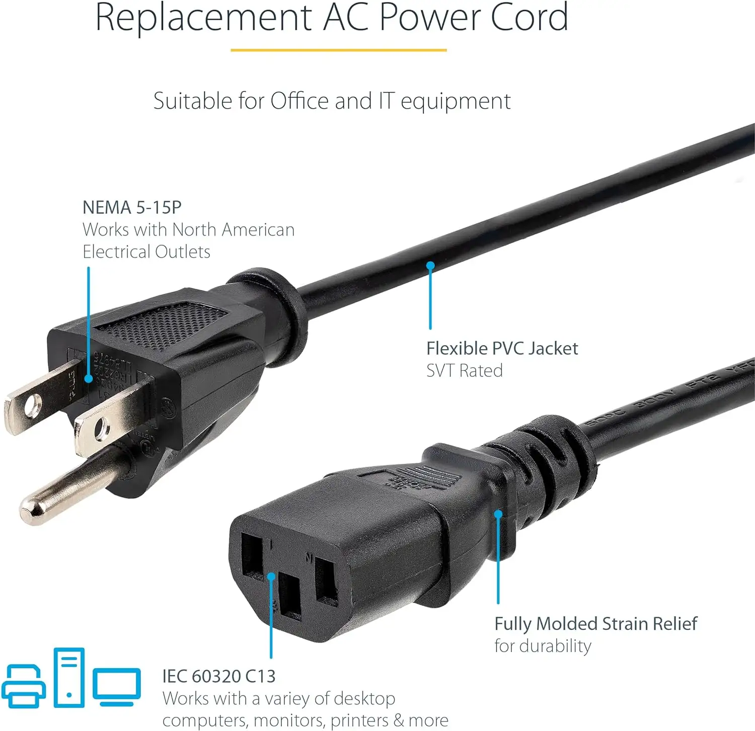 كابل توصيل US-C13 3 Pin Prong Plug كابل توصيل أمريكي 3 دبابيس سلك طاقة كهربائية US C13