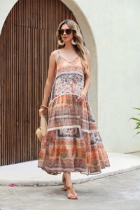 Thời trang thanh lịch Boho hoa Paisley sọc chủ đề Crochet ren nhiệt đới chắp vá in ngày Lãng Mạn Kỳ nghỉ dài Ăn mặc - Product Image 4