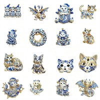 Broche animale en porcelaine bleue et blanche, émail et strass, motif chat et dragon, bijou