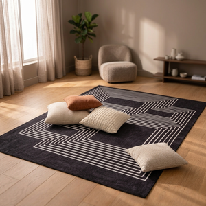 Tapis rectangulaire noir et blanc en laine et acrylique, tufté, antidérapant, pour salon, à poils moyens, avec envers en latex - Product Image 5