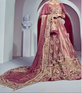 Robe de Mariée Indienne Pakistanaise Longueur de Plancher avec Sentier Lourd Zardozi Broderie Robe de Mariage de Luxe Vêtements Ethniques - Product Image 4