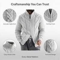 Herren Strickjacke mit Zopfmuster, Reißverschluss, Stehkragen, Aran-Strick, Chunky Sweater, OEM ODM Maßanfertigung, Niedrige Mindestbestellmenge