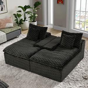 Divano Modulare Convertibile Quadrato con Chaise Longue Doppia in Velluto a Coste Nero con Schiuma Memory - Product Image 4