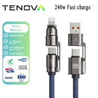Câble de données en silicone 4-en-1 Tenova Factory 1,8 m, charge rapide 240 W 5 A, compatible iPhone et téléphones Android Type-C