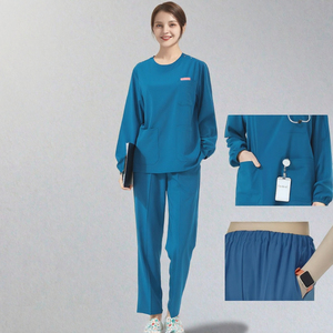 Women <b>Blue</b> <b>Scrub</b> Set Woven Cotton Polyester Hospital Uniform Pants Top Nursing Workwear - Product Image 2