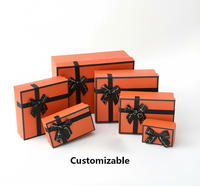 Lot de boîtes cadeaux rigides en bois écologiques multi-tailles, couleur orange, avec ruban imprimé personnalisé, pour les fêtes