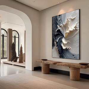 Large Bloom Textured Wabi Sabi Abstract Floral Painting <b>Black</b> and Beige <b>Framed</b> Canvas Decorative Arts Hand Painted Artwork - Product Image 6