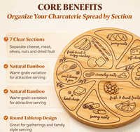 Plateau à fromage en bois, plateau à charcuterie en bambou, plateau rond Lazy Susan en bambou avec 3 accessoires pour couper le fromage