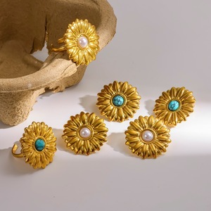 Flower <b>Stud</b> <b>Earrings</b> And Rings Set Stainless Steel Gold Plated <b>Turquoise</b> Pearl Inlay Jewelry For Gift - Product Image 4