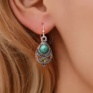 Wholesale Bohemian Style Jewelry Vintage Hollow Carved Yellow Crystal Green Turquoise Dangle Earring