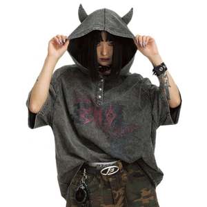 Sudadera con Capucha Corta de Verano para Mujer, 100% Algodón, Estilo Vintage, Lavado Y2K, Estampado Digital, Orejas de Cuerno - Product Image 1