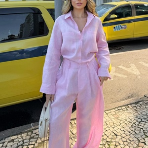 Custom Women Pink <b>Linen</b> 2 Piece Outfit Long Sleeve Pocket Shirt High Waist Pleated Wide Leg Pants Casual Vacation Co‑ord <b>Set</b> - Product Image 4