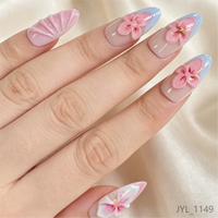 Faux Ongles à Presser Personnalisés en Gros, Étiquette Privée, Forme Amande, French Manucure Bleue, Fleur de Cerisier 3D, Coquillage Brillant