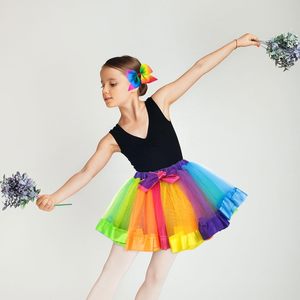 2 jupes <span class=keywords><strong>tutu</strong></span> arc-en-ciel pour filles, jupes de danse en tulle superposées au crochet, robe de danse néon avec nœud pour cheveux - Product Image 5