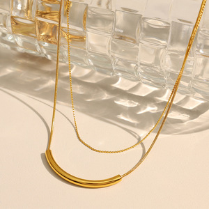 European American Trendy Double Layer Gold Plated <b>Titanium</b> Steel Necklace Geometric Design Short Clavicle <b>Chain</b> For Women - Product Image 1