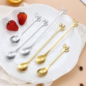 Fourchette à fruits créative en acier inoxydable avec manche en forme de feuille, style européen, petite cuillère à café/dessert dorée, cadeau - Product Image 1