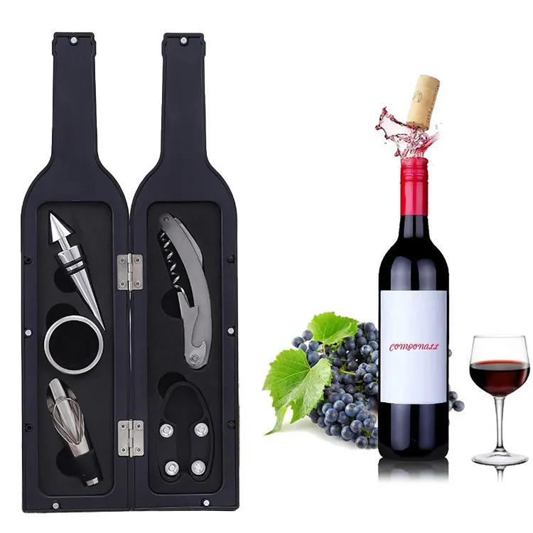 Negozio Online nuovo Design online accessori da Bar più venduti Set di attrezzi per vino da 5 pezzi Set regalo a forma di bottiglia Set apribottiglie