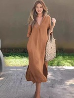 Robe longue décontractée d'été pour femme en coton et lin, col en V, fente latérale, plissée, coupe trapèze