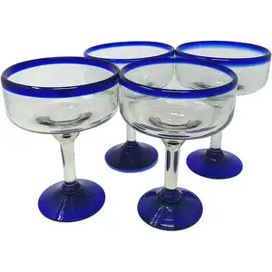 Customized Cocktail Glass Wine Glasses Water Solid blue rim Color Margarita Glass