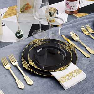 Service de vaisselle jetable Baroque pour mariage, desserts et apéritifs, assiettes en plastique transparent <span class=keywords><strong>avec</strong></span> bord doré, tasses, serviettes, fourchettes - Product Image 1