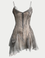 ZIP EN MÉTAL PLISSÉ À LA MAIN à L'AVANT LACETS DE SOIE RÉGLABLES sur le dos et les épaules Casual Femmes Mini Robes