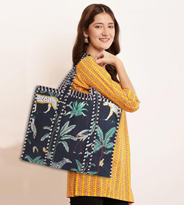Bohemian Panelled Cotton Tote <b>Bag</b> With Animal Print Open Top Shopping <b>Bag</b> All Seasons - Product Image 3