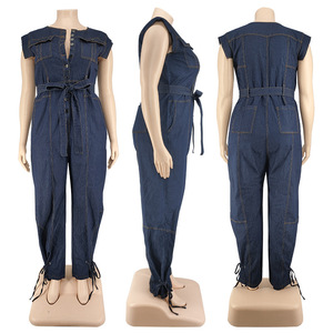 Nouvelles arrivées en stock Combinaison en jean sans manches avec ceinture taille plus pour femmes Mode féminine - Product Image 6