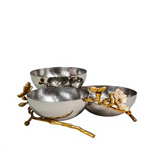Ensemble de 3 bols en argent avec support décoratif en forme de branche dorée, bols décoratifs en métal pour collations, biscuits, noix, pour la décoration de table, la maison et les idées cadeaux - Product Image 1