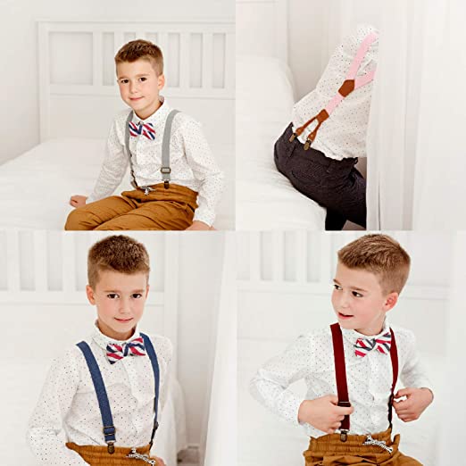 Оптовая продажа, 4 зажима, Детские Однотонные эластичные подтяжки с галстуком-бабочкой для вечеринки