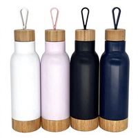 Botol minum termos dengan tutup bambu, botol vakum terisolasi, botol air termos dengan tutup dan bawah bambu yang dapat dilepas