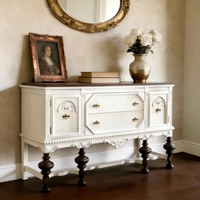 Buffet de porche en bois massif, style rétro français et campagnard américain, sculpté, de style classique européen, avec compartiments