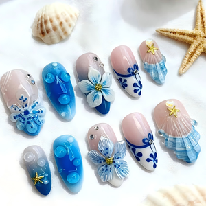 10 <span class=keywords><strong>faux</strong></span> <span class=keywords><strong>ongles</strong></span> à presser, bleu océan, motif fleur 3D, forme amande longue, coquillage et étoile de mer, <span class=keywords><strong>d</strong></span>égradé brillant, pour manucure estivale - Product Image 1